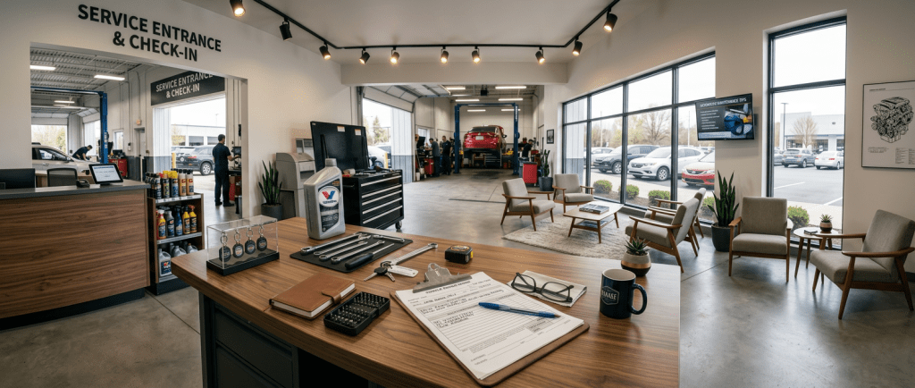 Clipboard with vehicle repair order on mechanic's workbench with tools and car in background