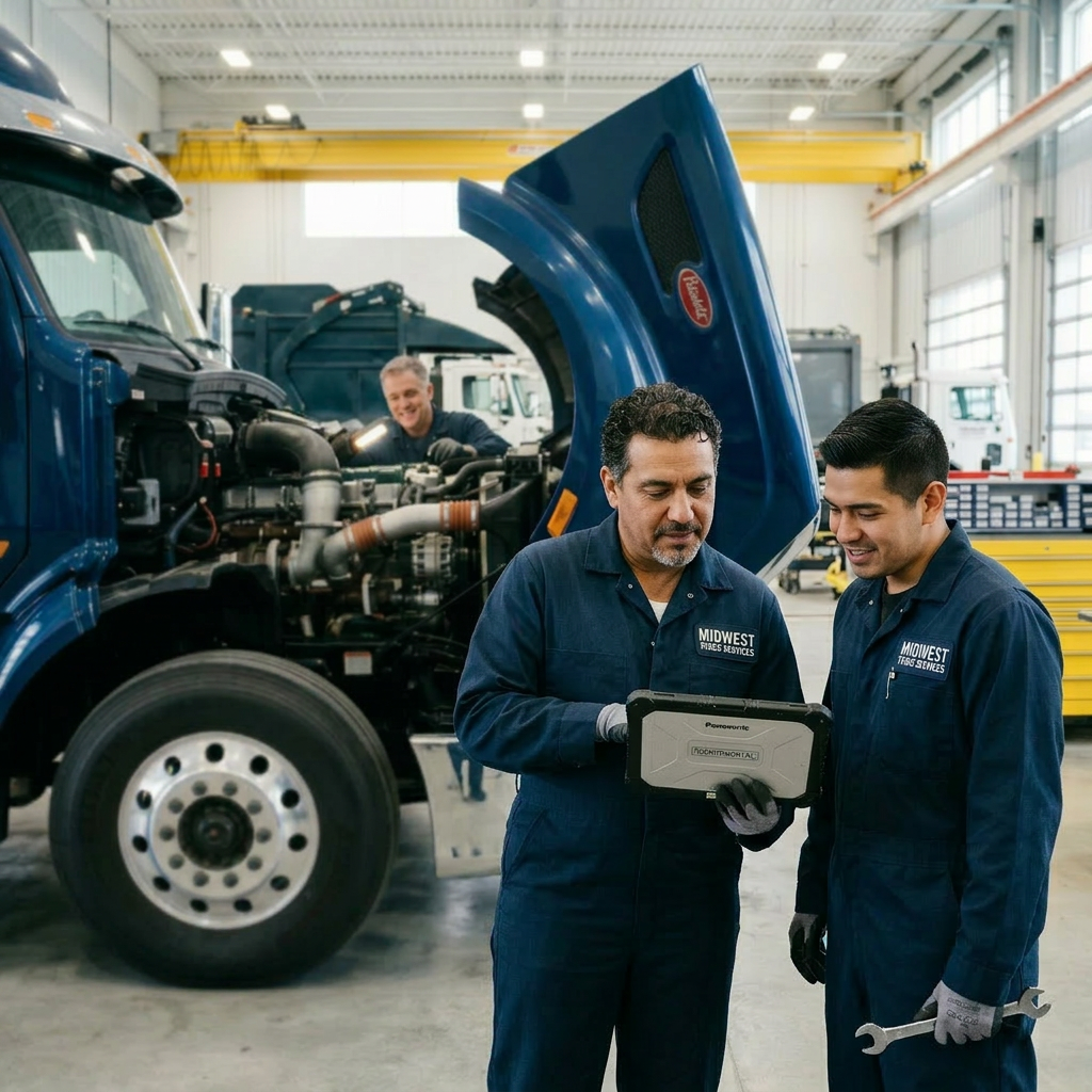 Two mechanics in navy jumpsuits looking at a diagnostic tablet in front of a large blue truck with its hood open
