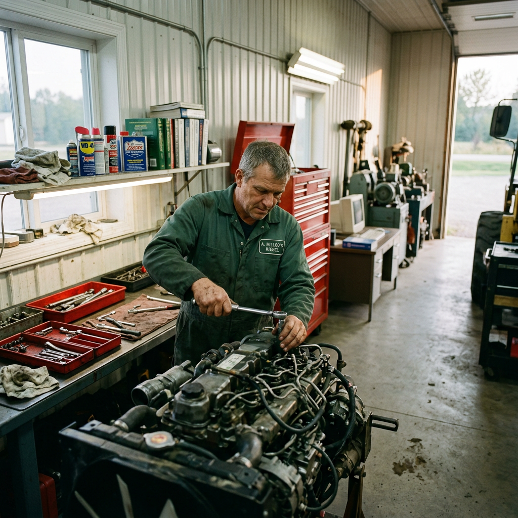 Mechanic in green coveralls using a wrench on a large engine in a workshop