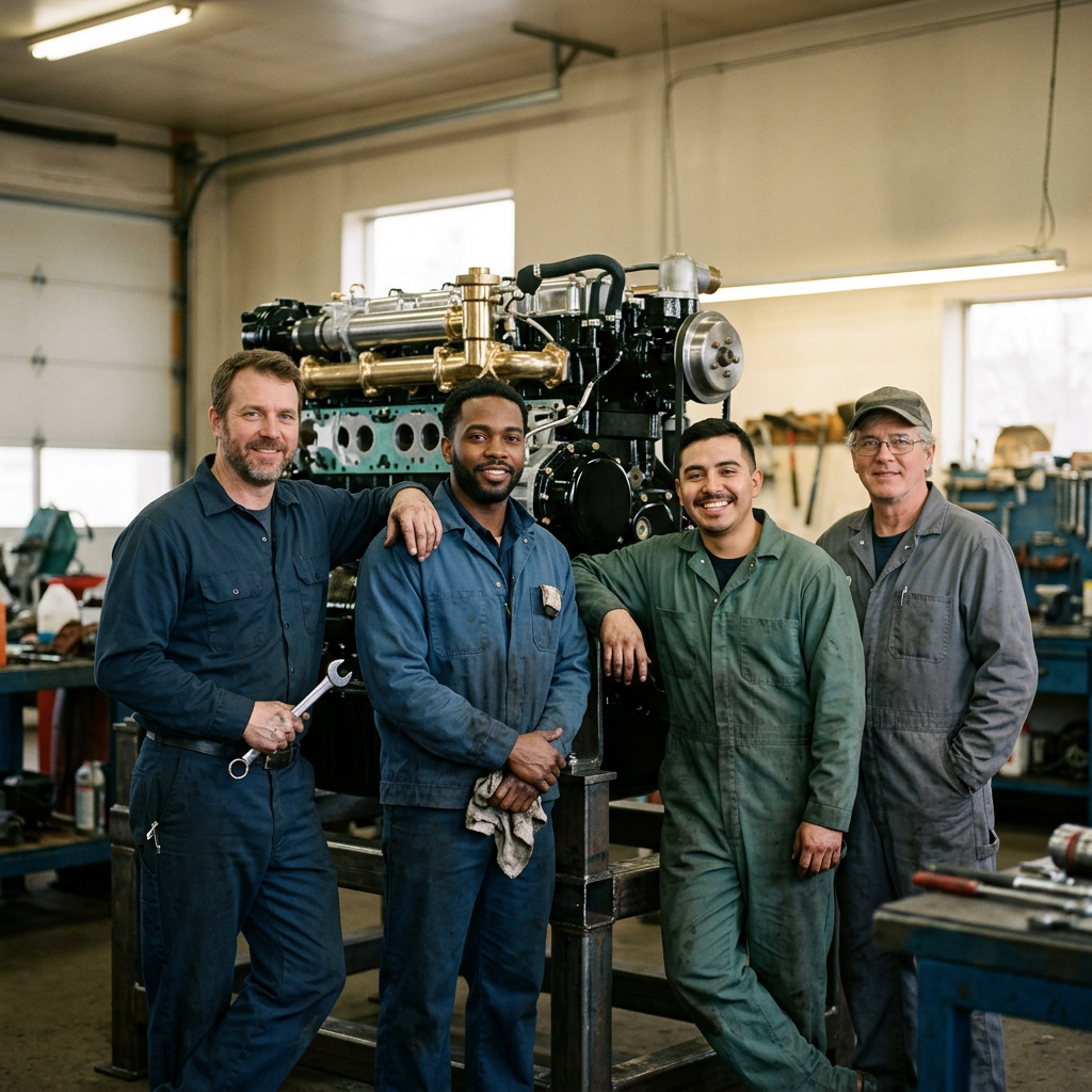 Four mechanics in coveralls standing around a large engine in a workshop.