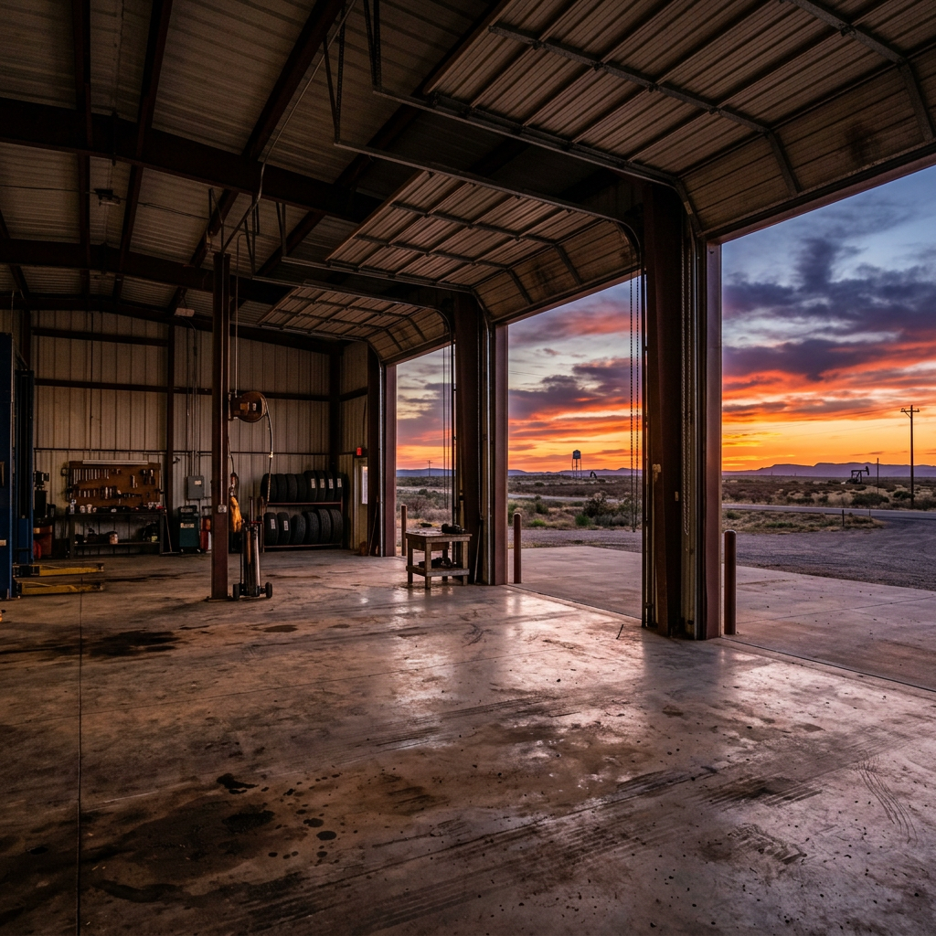 Empty garage interior with open doors showing vibrant sunset sky and desert outside