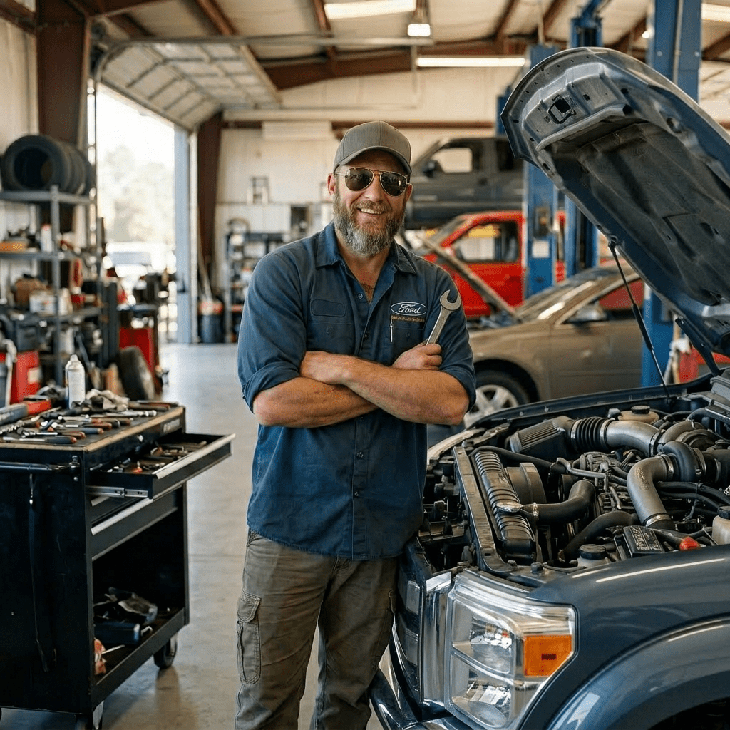 Mechanic with cap and sunglasses fixing engine of an old car in garage
