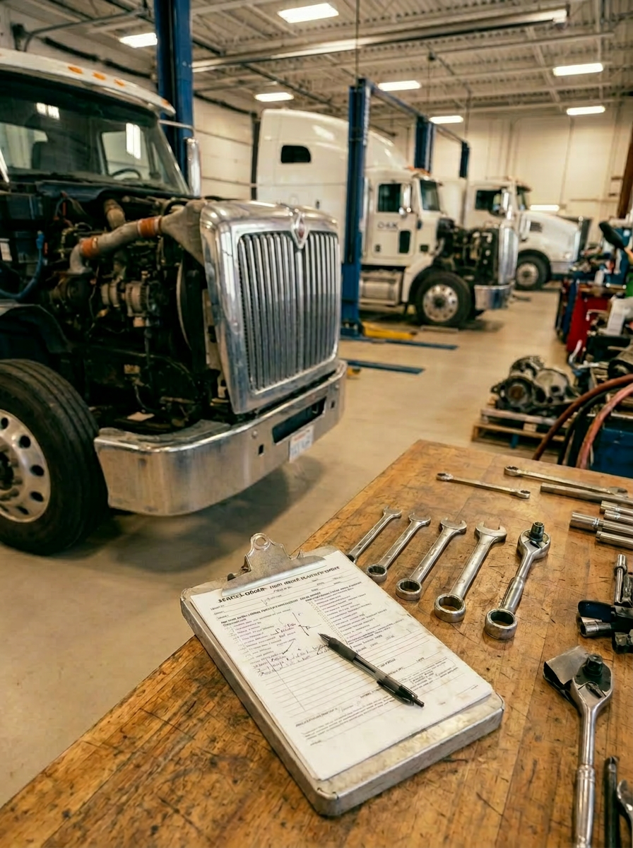 Mechanic in blue coveralls writing on a clipboard in a truck repair workshop